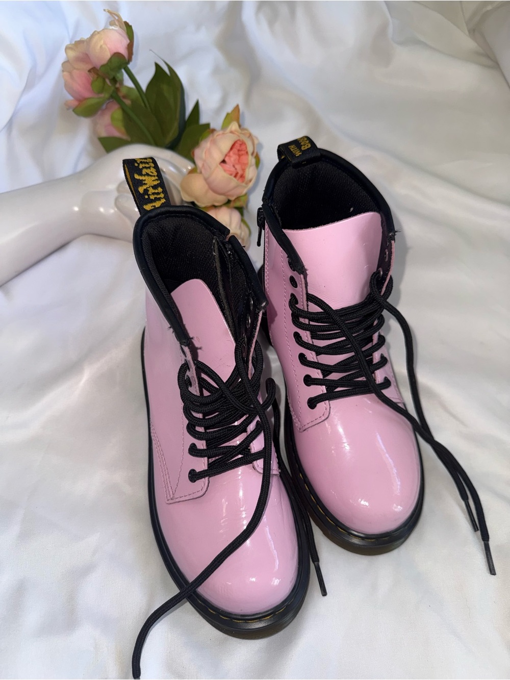 Dr. Martens Pink Lace-Up Kids Combat Boots with Black Laces